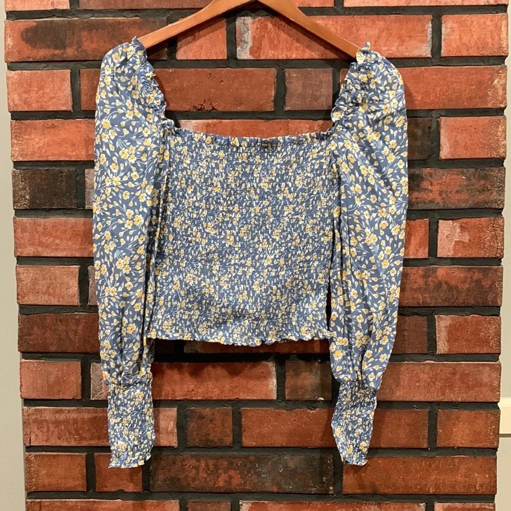 Reformation Blue Floral Smocked Square-Neck Top